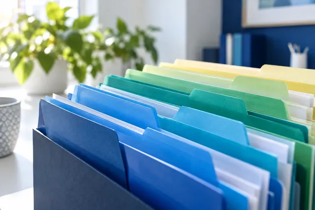 Blue and teal folders holding well-organized records