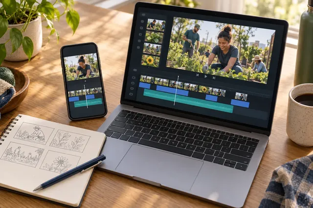 A phone and laptop showing a community garden video beside a storyboard notebook