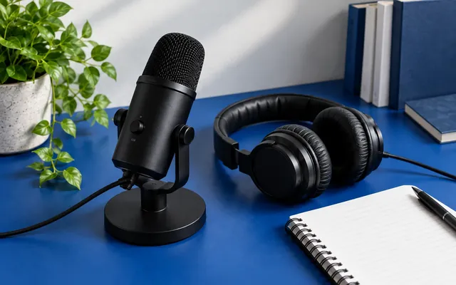 A microphone and headphones on a blue desk